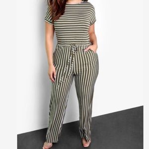 Rebdolls Take a Risk Striped Wide Leg Jumpsuit 2X Olive Green White Stretch